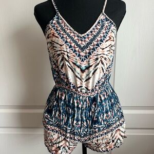 Angie Multicolor Tribal Print Romper in Navy, Teal & Coral